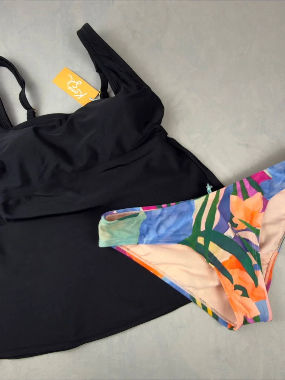 Kona Sol Black Tankini Top with Multicolor Floral Bikini Bottom
